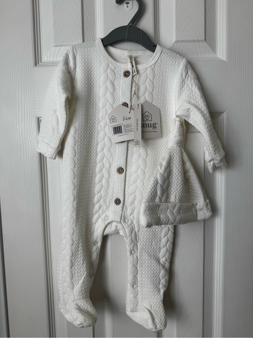 Snug Quilted Cable-Knit White Footed One-Piece with Hat, 3-6M
